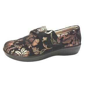 Alegria Lauryn Floral Metallic Slip On Shoes Black Leather Copper Gold 8W-8.5W